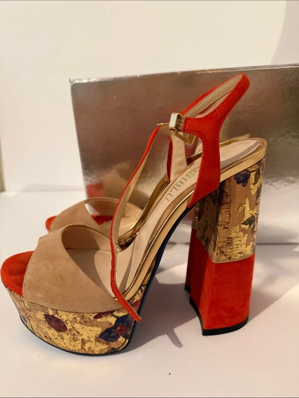 Loriblu Beige Suede & Red Floral-Accent Platform Slingbacks